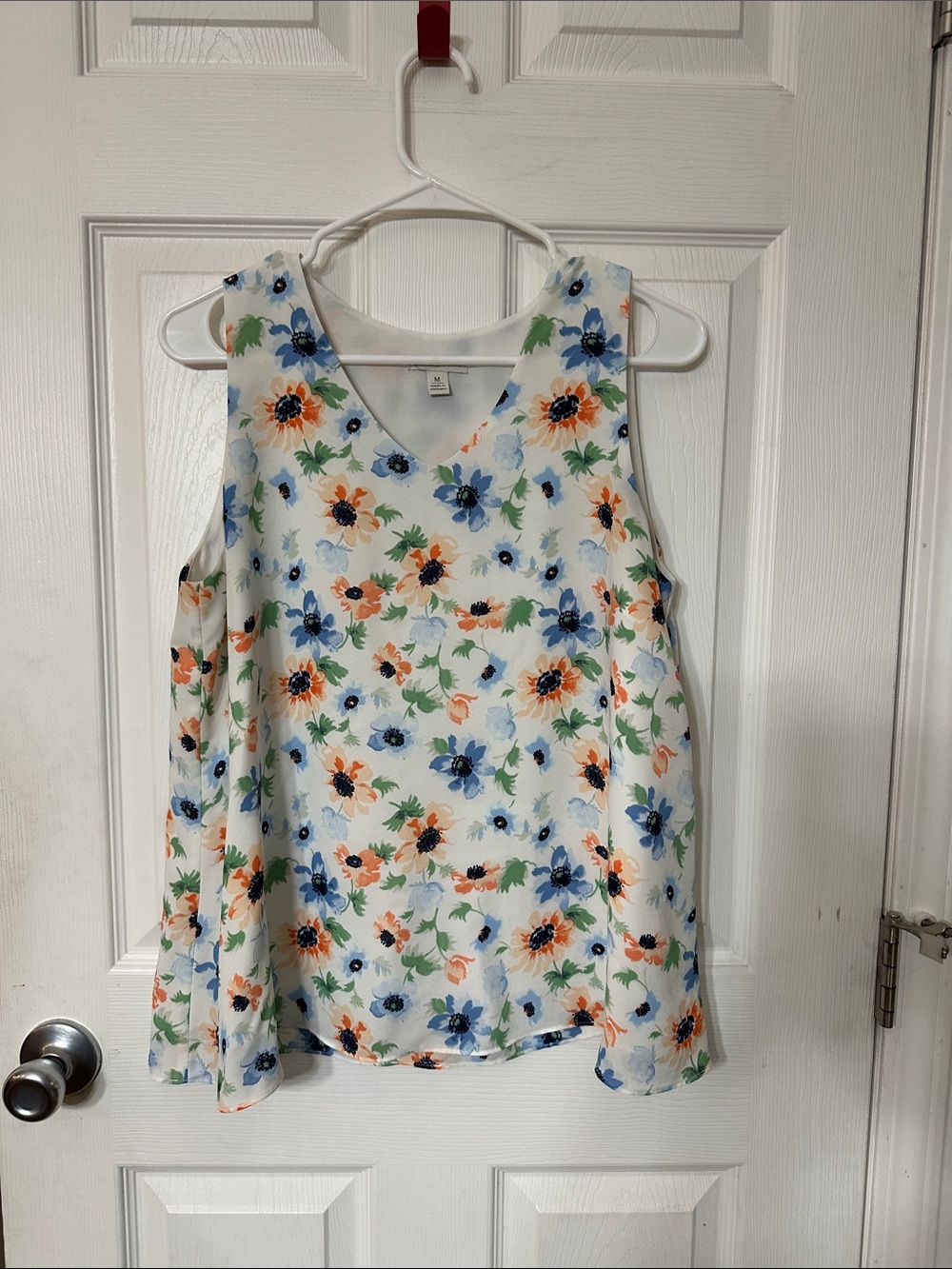 Cato White Floral V-Neck Tank Top with Blue & Orange Flowers
